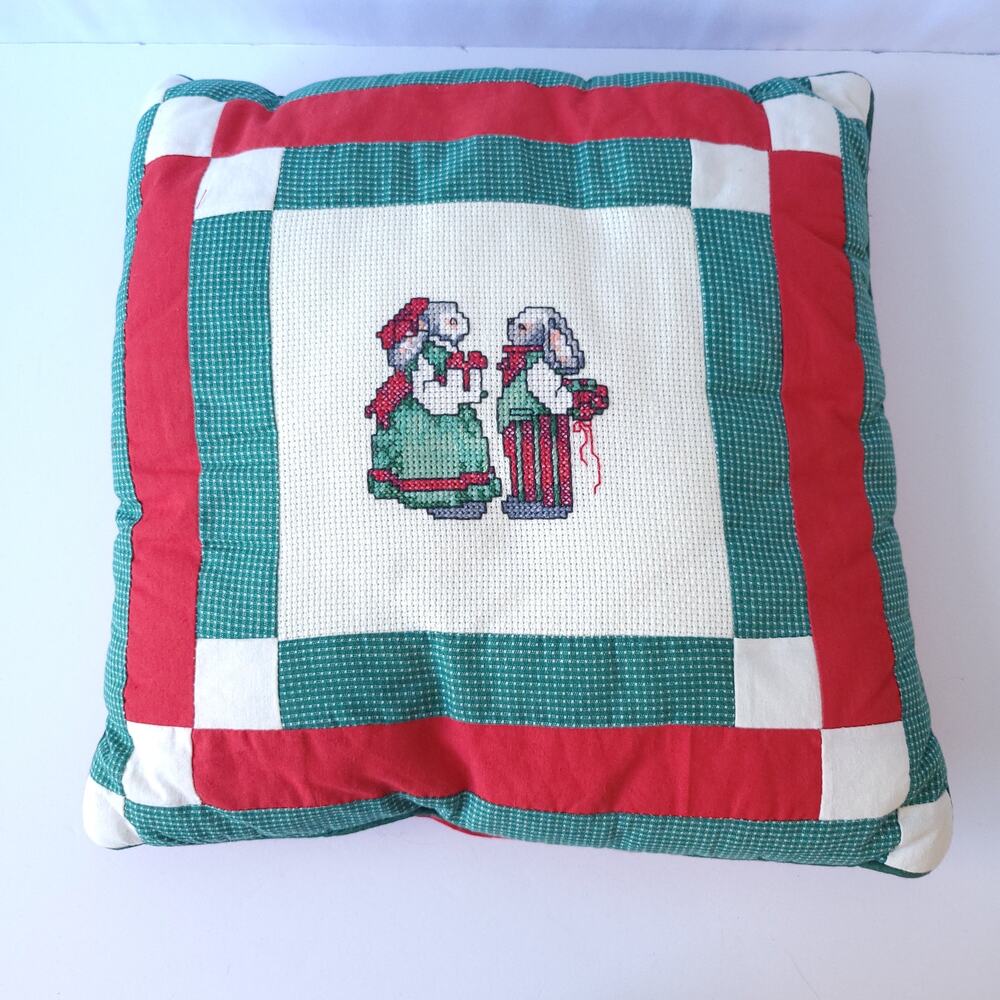 Vintage Handmade Cross Stitch Mouse Holiday Christmas Pillow Decorative